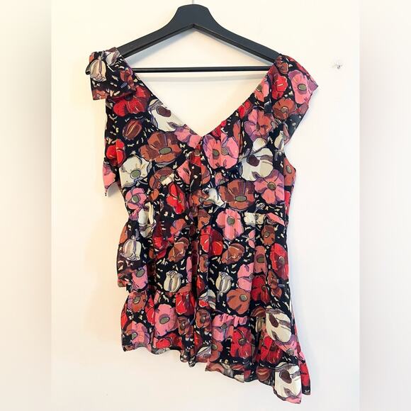 Cinq a Sept Naomi Floral Ruffle Asymmetric Top V Neck Tiered femme spring bright - Picture 8 of 10